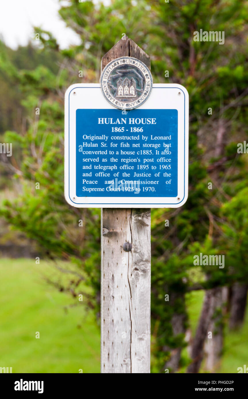 Heritage Foundation von Neufundland und Labrador Zeichen für die Hulan Haus in Jeffrey's auf dem Port-au-Halbinsel. Stockfoto