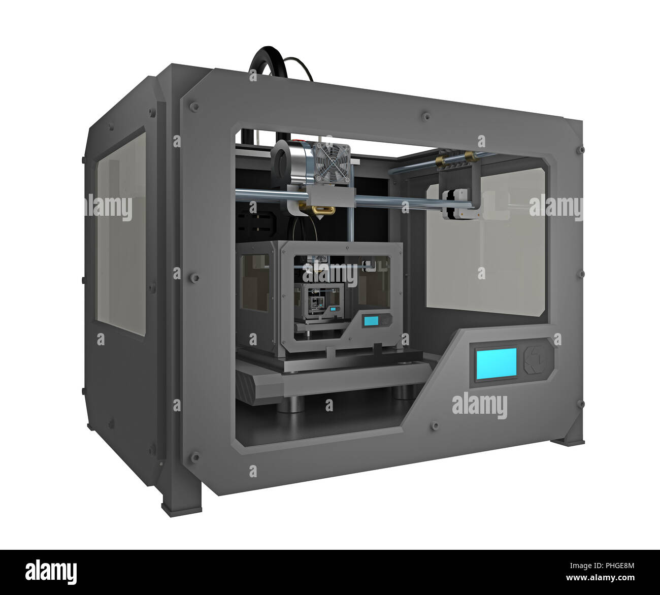 3D-Drucker drucken unendlich kleine 3D-Drucker. 3D-Rendering Stockfoto