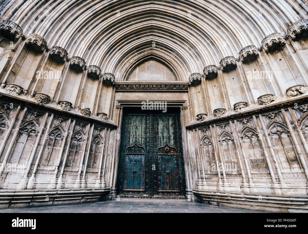 Weitwinkel Süden Tür, Kathedrale der Heiligen Maria von Girona, Girona, Katalonien, Spanien. Stockfoto