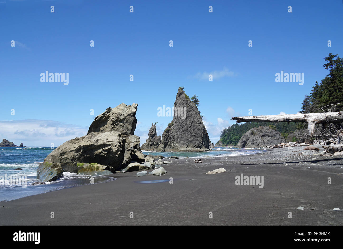 Sea Stacks an der Rialto Beach, Olympic National Park, Washington, USA Stockfoto