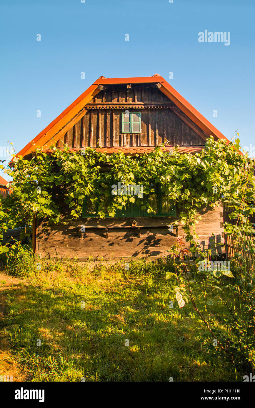 Idyllischen alten traditionellen Holzhaus mit Vogel Home und Wein in Lonjsko Polje, Kroatien Stockfoto