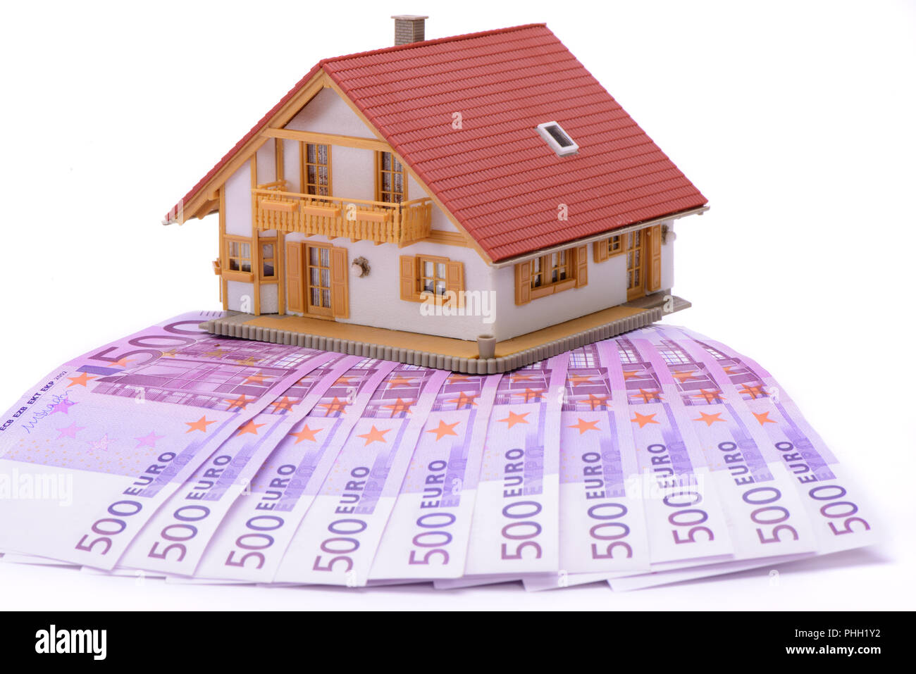 Haus zum Verkauf mit Euro-banknoten Stockfoto