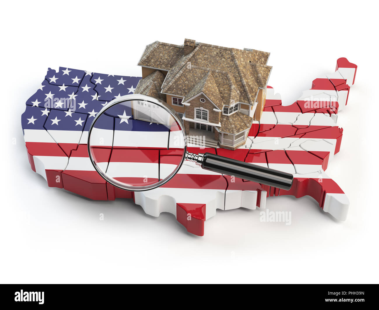 Haus Und Lupe Auf Der Karte Der Usa In Den Farben Der