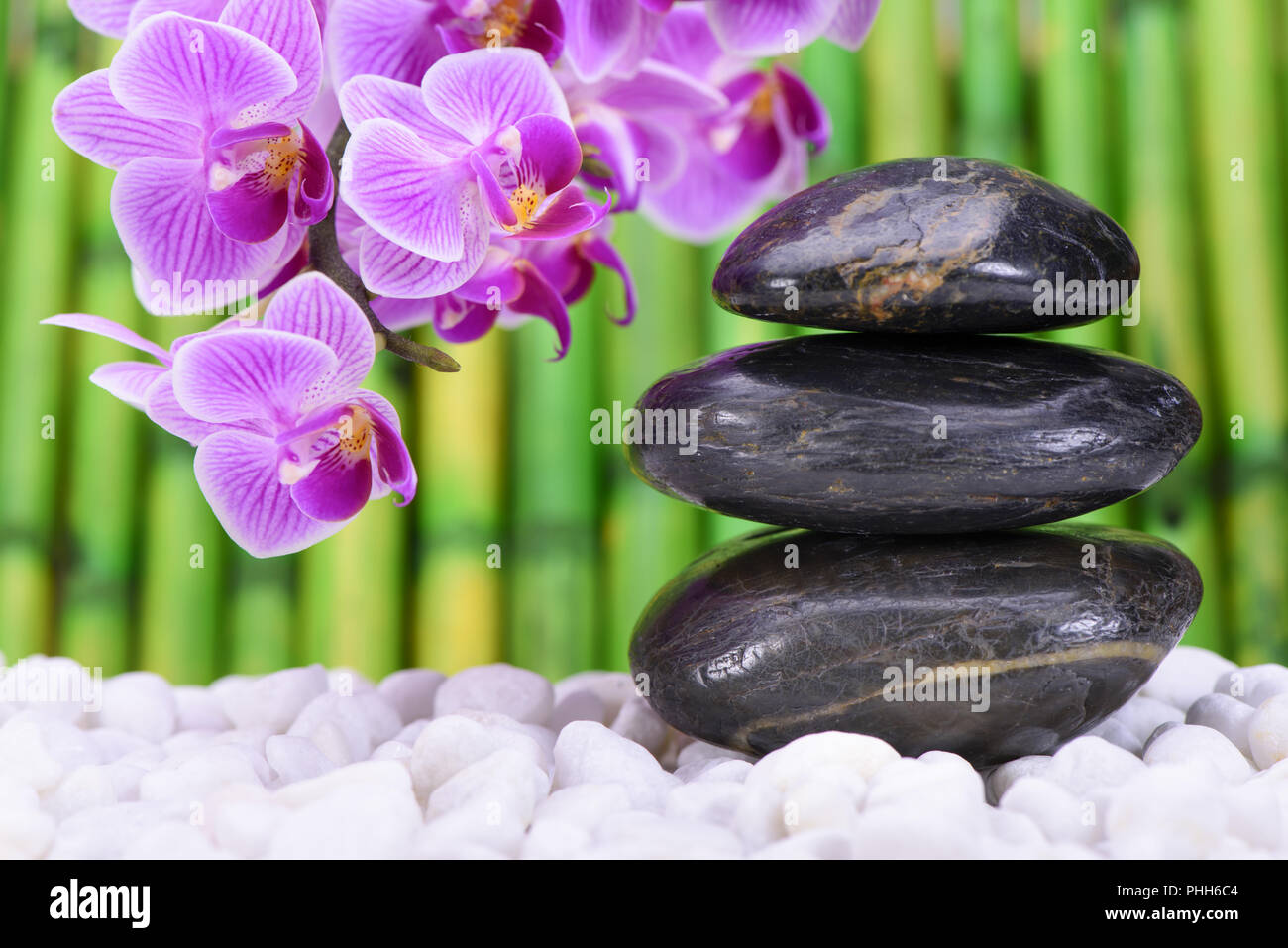 Japanischer Zen-Garten mit gestapelten Steinen und orchid flower Stockfoto