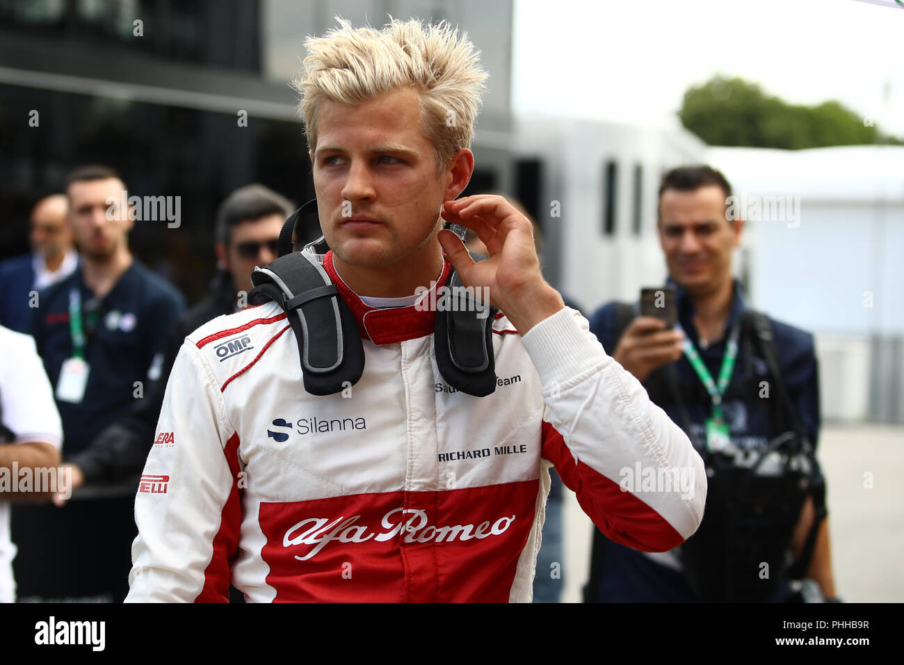 Monza, Italien. Am 1. September 2018. Marcus Ericsson aus Schweden und Sauber Alfa Romeo im Fahrerlager während der Formel Eins Grand Prix von Italien: Marco Canoniero/Alamy leben Nachrichten Stockfoto