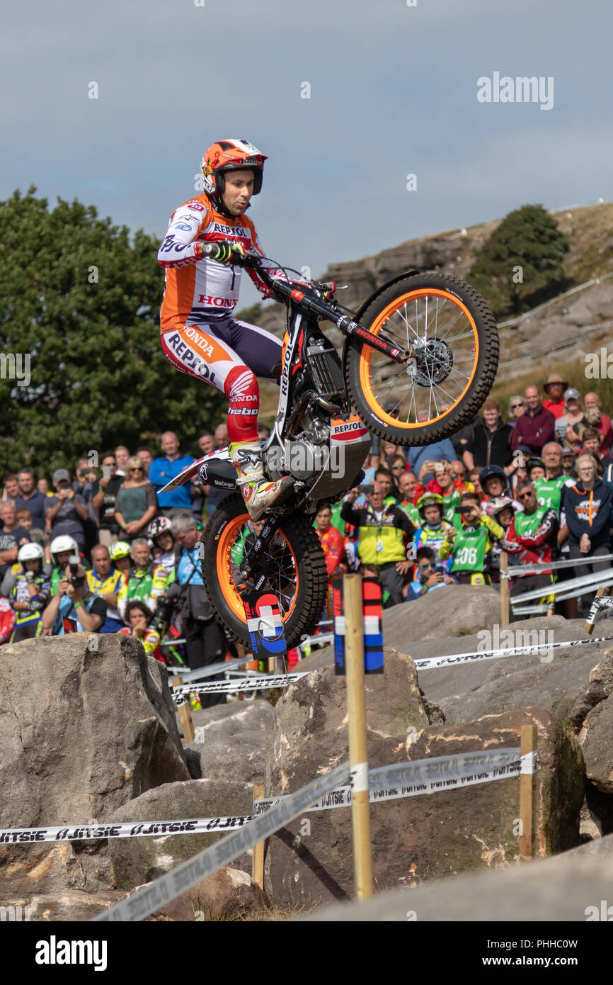 Silsden, Yorkshire, Großbritannien. 1. September 2018. Toni Bou (Repsol Honda) gewinnt Qualifying in der Welt Studien GP britischen Umlauf an addingham Moorside Credit: Richard Swaine/Alamy leben Nachrichten Stockfoto