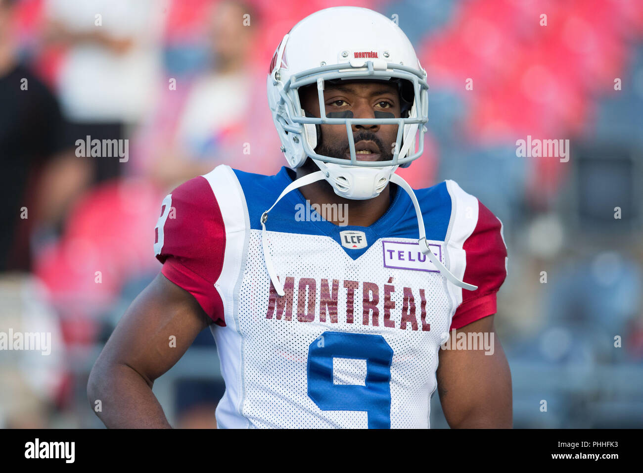 31. August 2018: Montreal Alouettes wide receiver Ernest Jackson (9) vor der CFL Spiel zwischen Montreal Alouettes und Ottawa Redblacks bei TD Place Stadium, in Ottawa, Kanada. Daniel Lea/CSM. Stockfoto