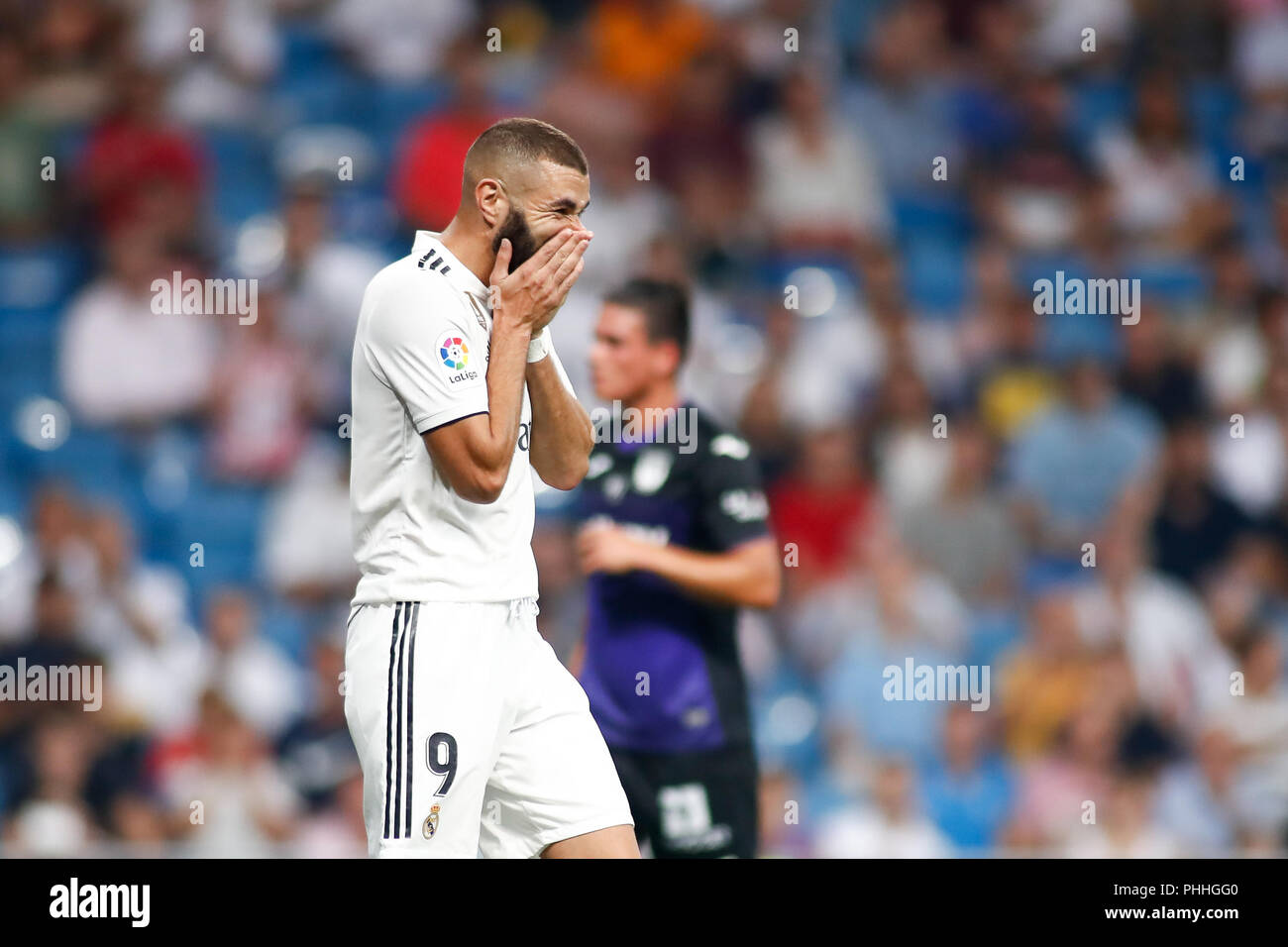 Karim Benzema von Real Madrid zu beklagen, die während der spanischen Liga, der Primera División, Fußballspiel zwischen Real Madrid und Leganes am September 01th, 2018 in Santiago Bernabeu in Madrid, Spanien. 1. Sep 2018. Quelle: AFP 7/ZUMA Draht/Alamy leben Nachrichten Stockfoto