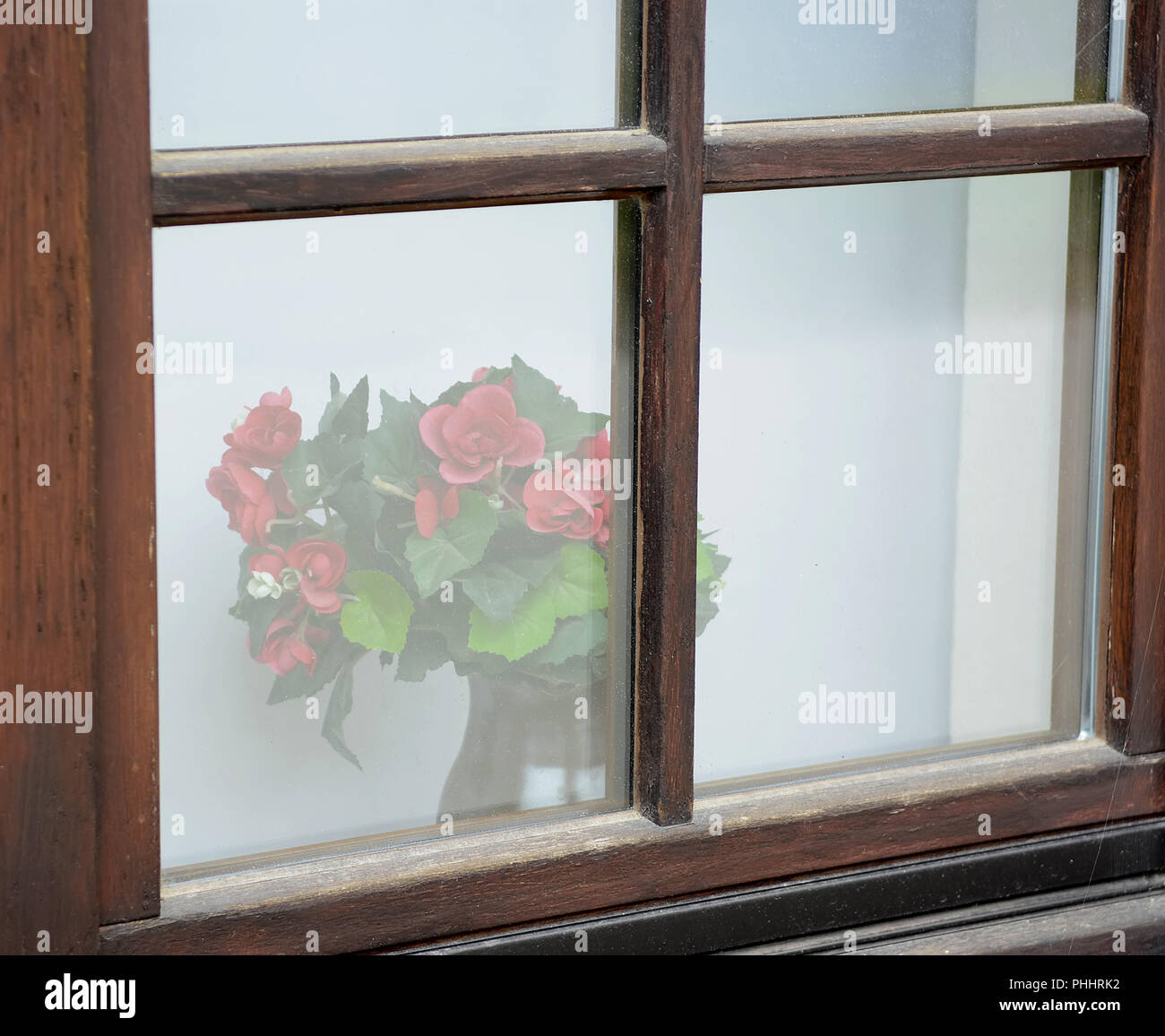 Rote Rosen hinter alte Fenster Stockfoto