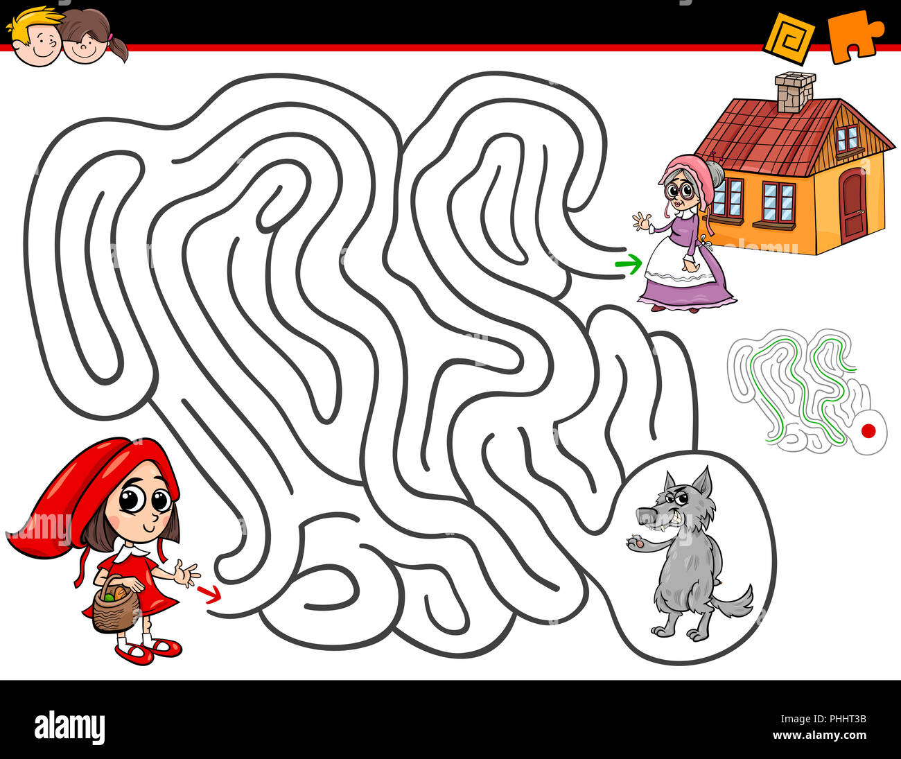Cartoon Labyrinth Aktivität mit Rotkäppchen Stockfoto
