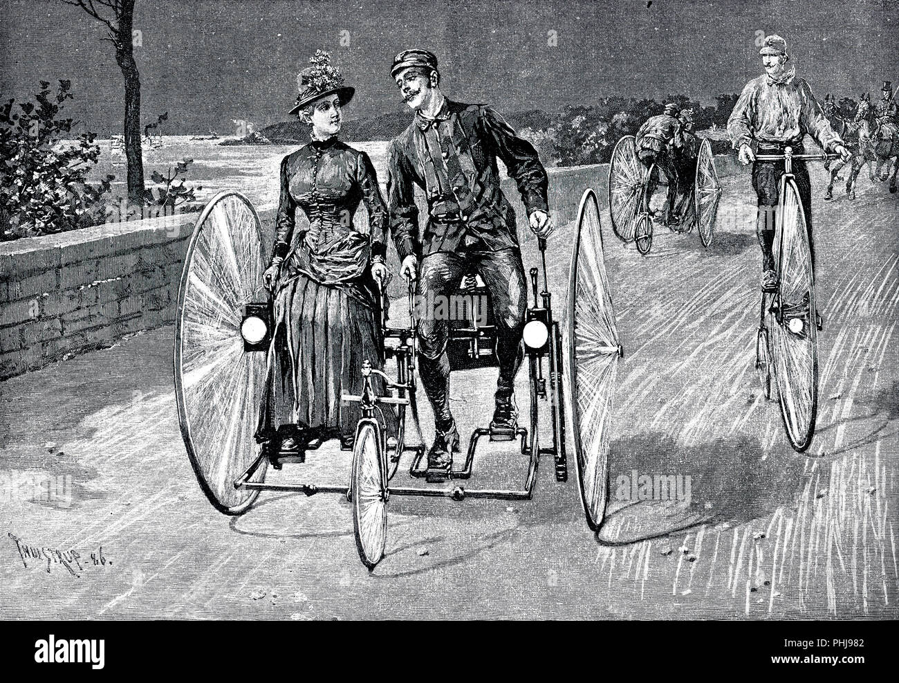 1800s Radfahrer. Eine Illustration von 1886, wo ein junges Paar in ein Fahrrad wie Fahrzeug sitzt. Sie können sowohl Pedal das Fahrrad, hat zwei große Räder hinten und ein kleines Rad in Front. Auf der rechten Seite ein Mann, der auf einem Penny Farthing Fahrrad. 1886 Stockfoto