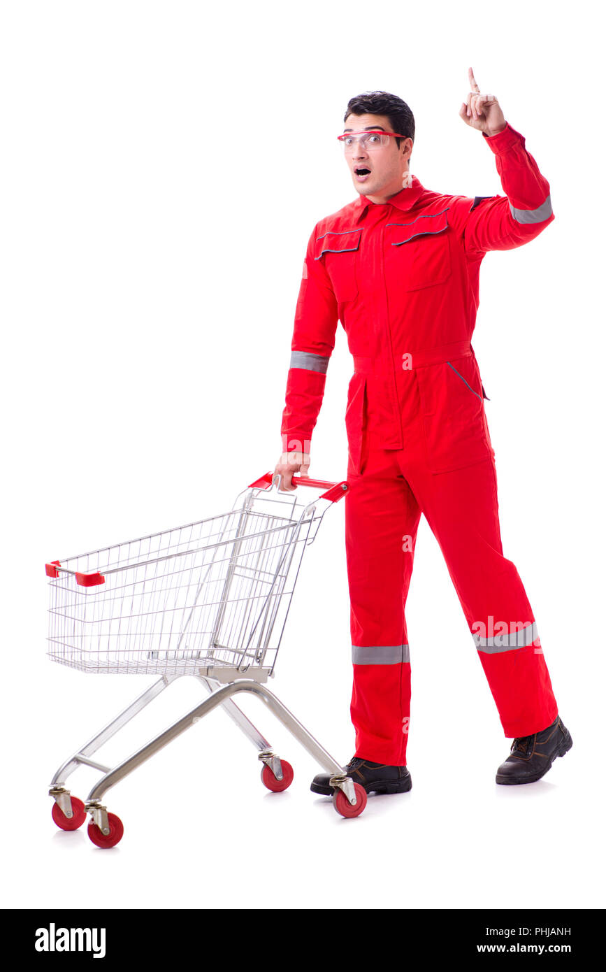 Handwerker mit dem Einkaufswagen in der industriellen Beschaffung Konzept Stockfoto