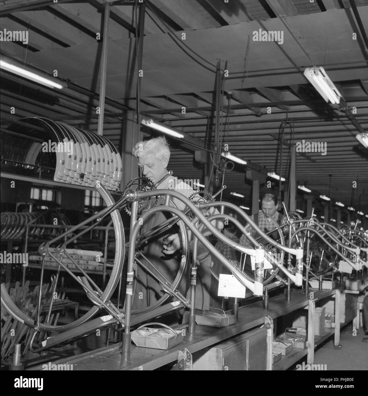 Fahrradfabrik in den 1950er Jahren. Ein Arbeiter am Fahrrad Hersteller Monark in Varberg. In der Produktion sind Frauen Fahrrad Modelle montiert werden. Schweden 1956 Stockfoto