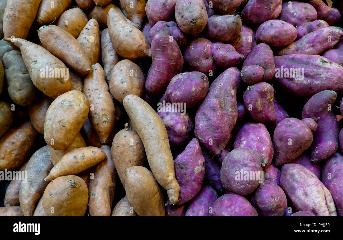 Weiße Kartoffeln und Süßkartoffeln auf Verkauf zu einem Farmers Market Stockfoto