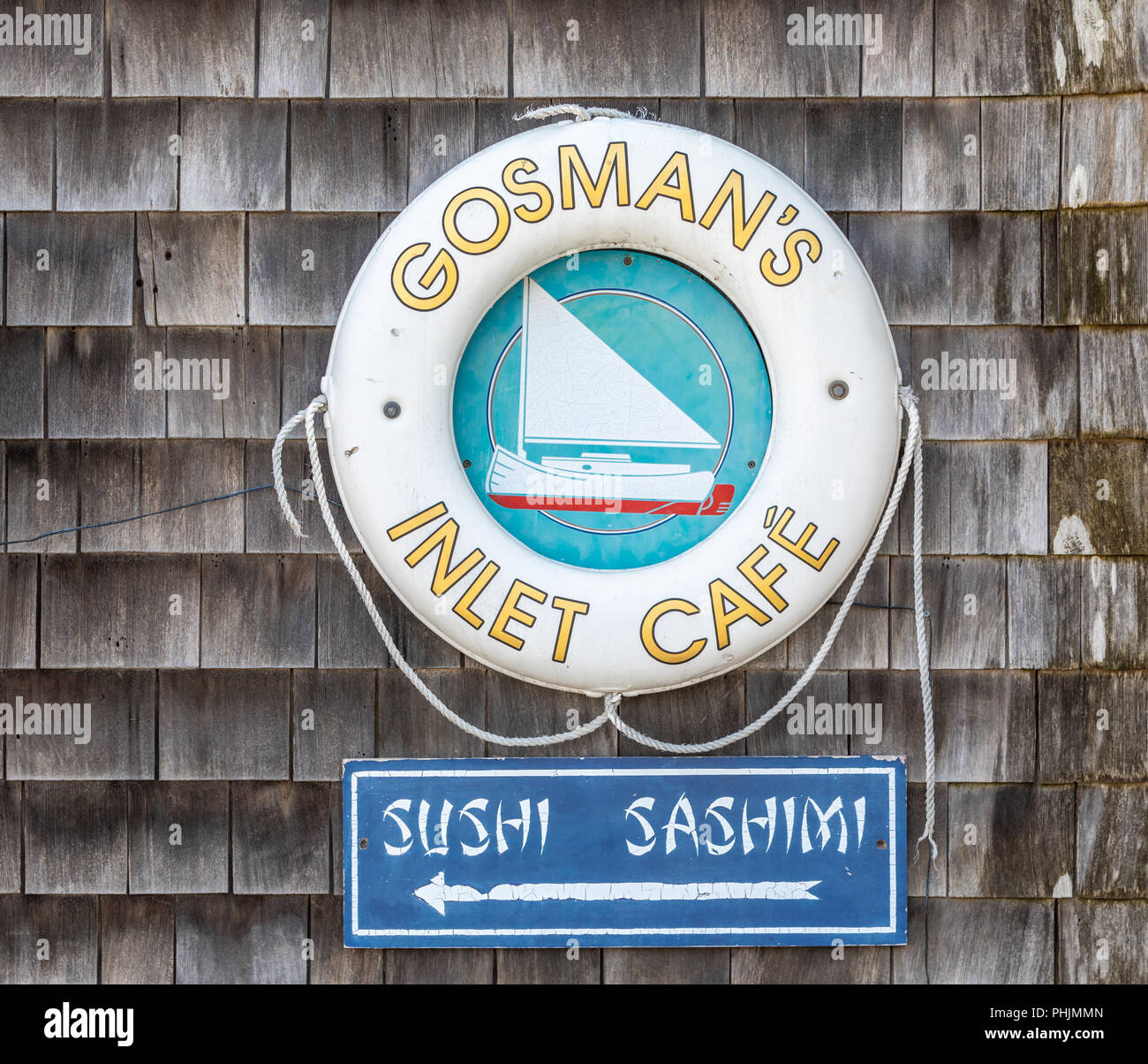 Zeichen für Gosman Einlass Cafe in Montauk, New York Stockfoto