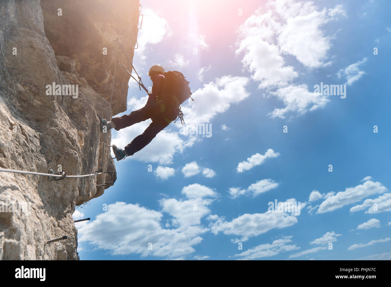 Silhouette der Klettersteig Kletterer Stockfoto