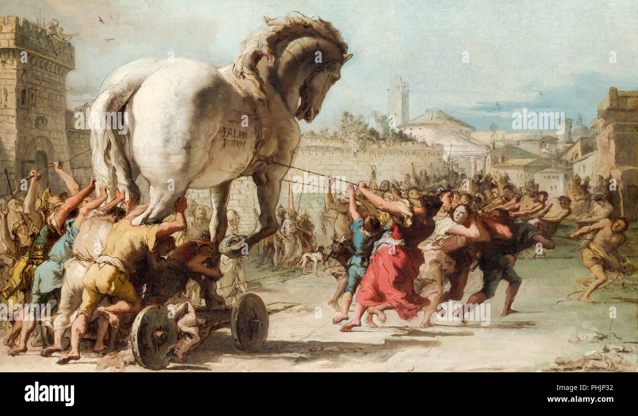 Gemälde der Darstellung der Eingang des hölzernen Pferd in Troja. Giovanni Domenico Tiepolo Stockfoto