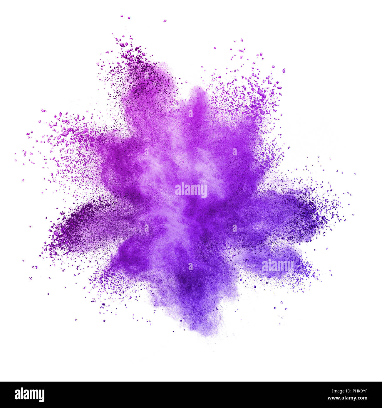 Explosion der farbigen Pulver, auf ultra violette Hintergrund isoliert. Stockfoto