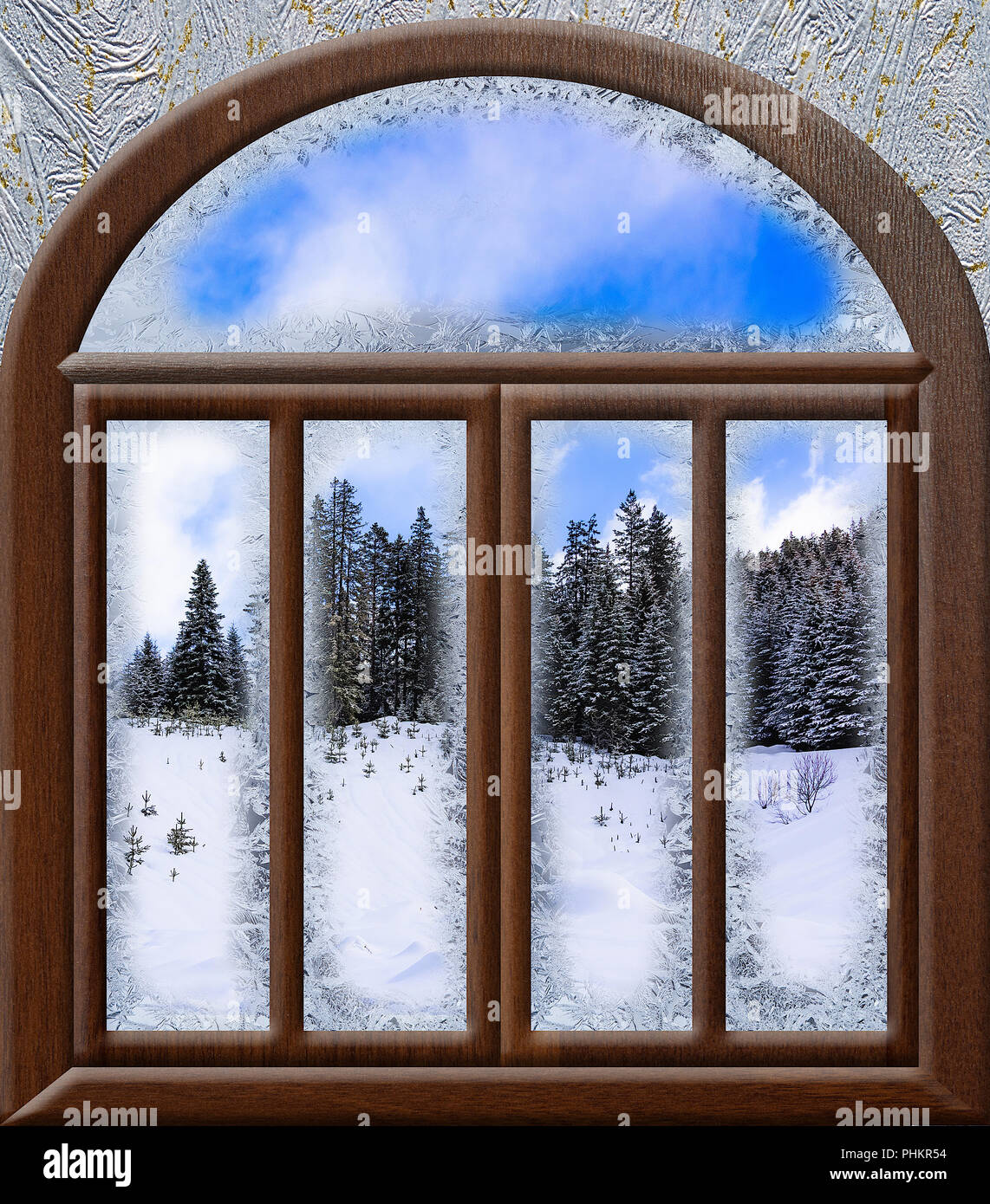 Blick durch eine gefrorene Landschaft Fenster Stockfoto