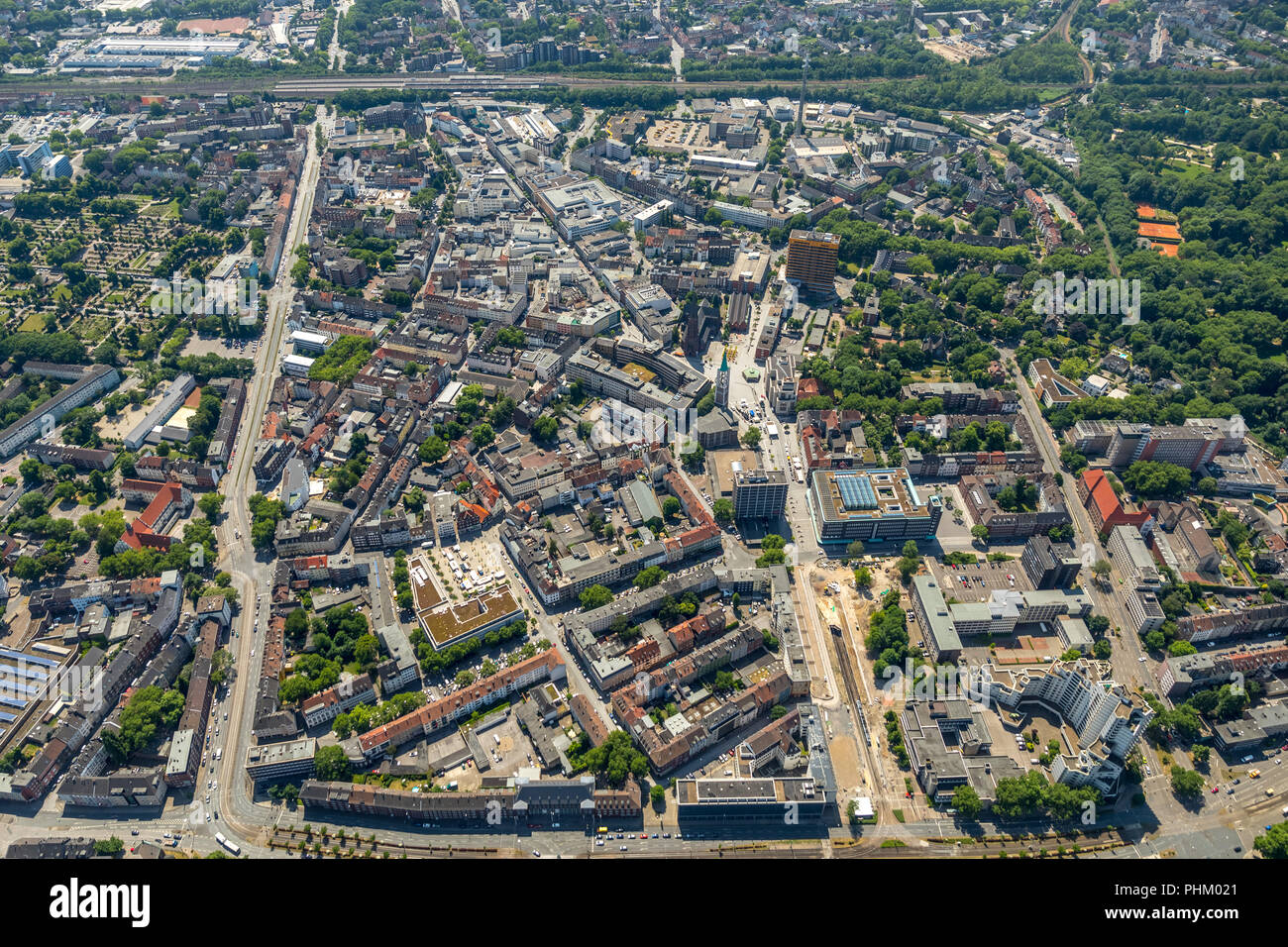 Luftaufnahme, Zentrum Gelsenkirchen-City, Überblick über das Stadtzentrum, Einkaufszentrum, Gelsenkirchen, Ruhrgebiet, Nordrhein-Westfalen, Deutschland, DE Stockfoto