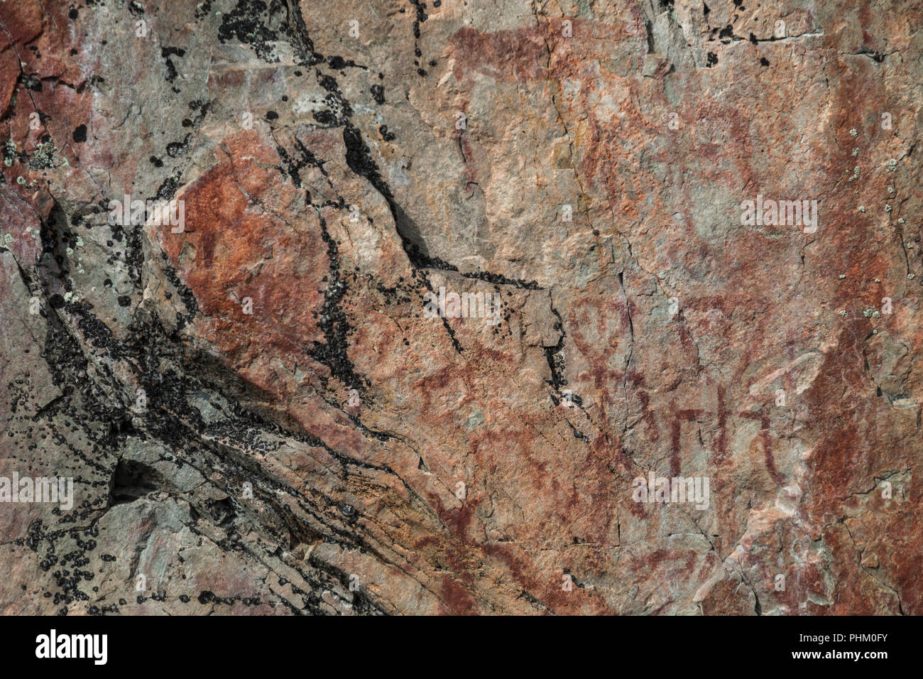 Rockwall Gemälde, Värikallio, Stone Age, Geschichte, Hossa Nationalpark, Finnland Stockfoto