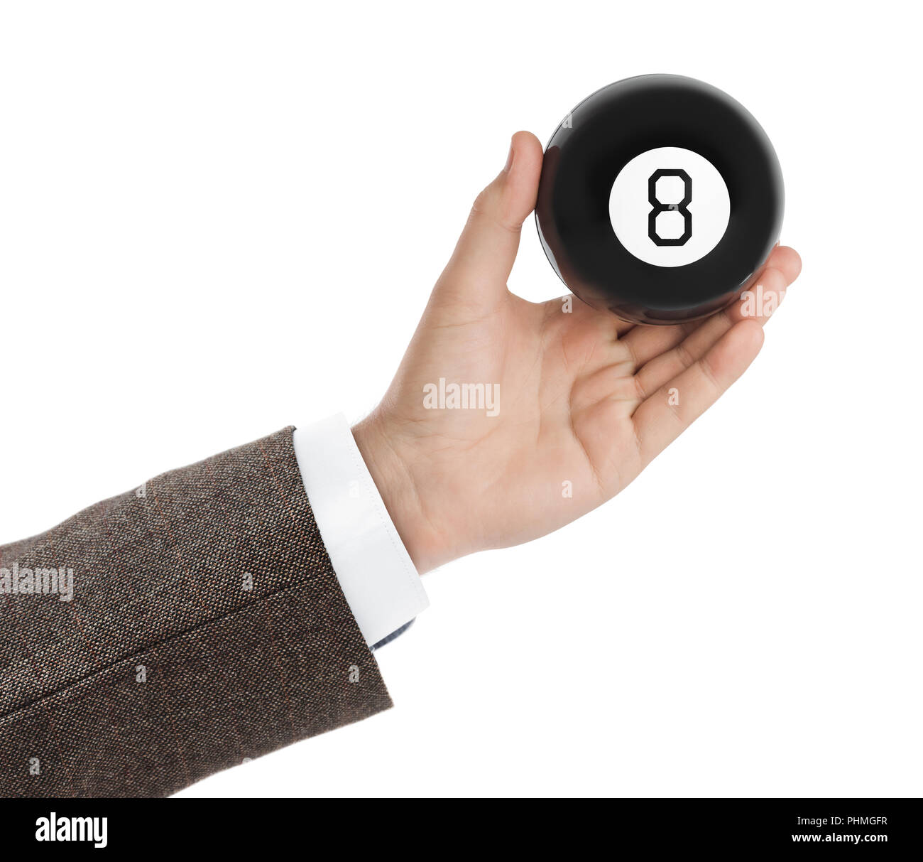 Hand mit Magic billardkugel Nr. 8 Stockfoto