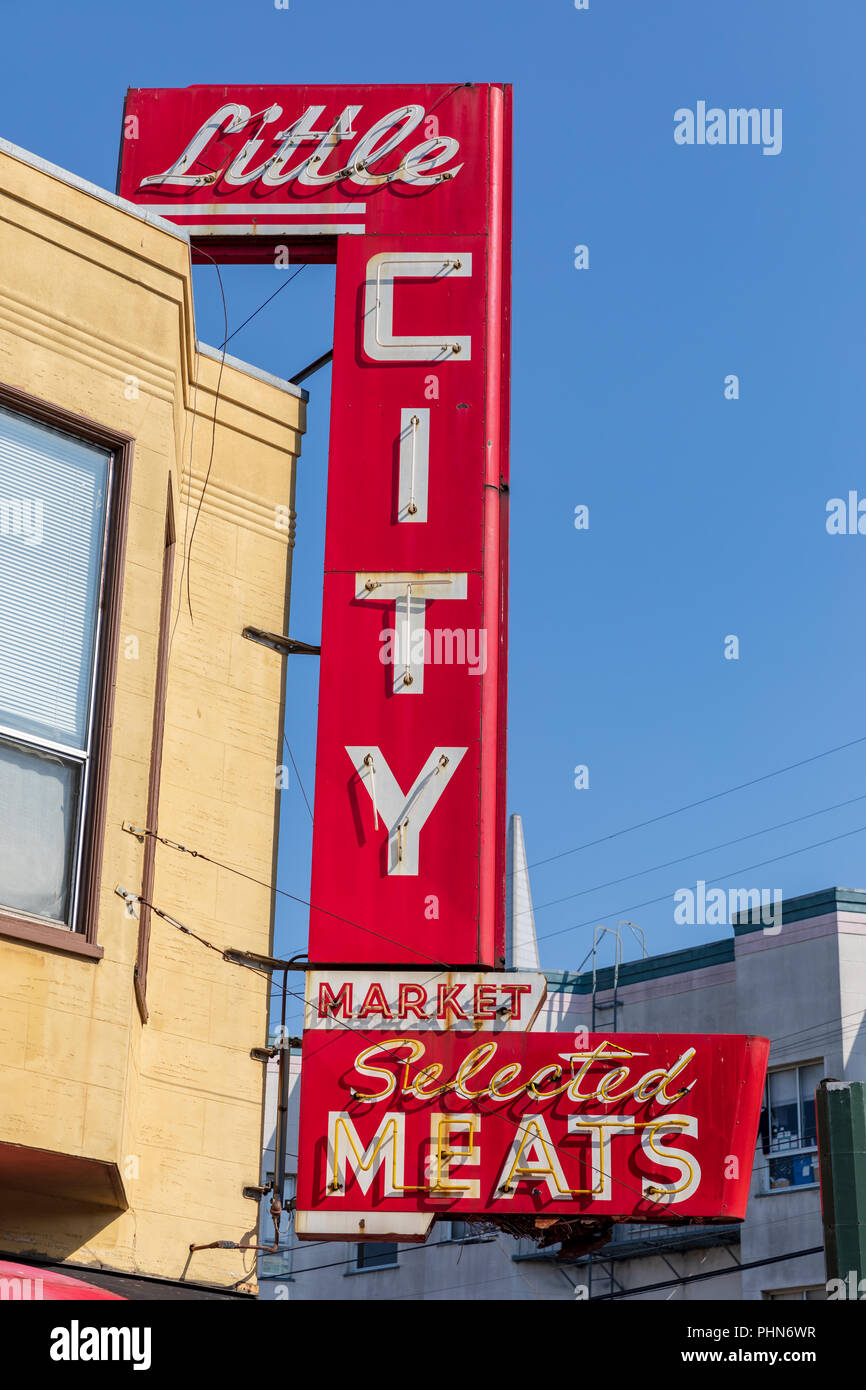 Little City Market – Ausgewählte Fleischsorten; Stockton Street, San Francisco, Kalifornien Stockfoto