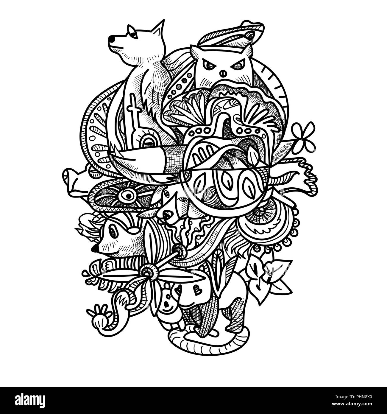 Zeichnung doodle von Tieren, Blumen- und abstrakten Form. Zeichnung für entspannende oder Malbuch Seite. Vector Illustration Stock Vektor