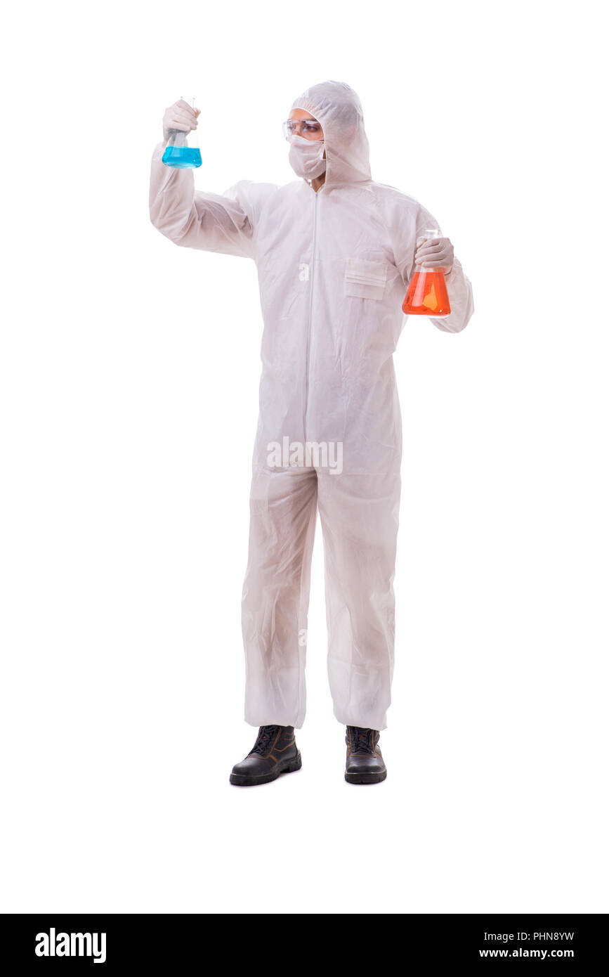 Chemiker mit giftigen Substanzen isoliert auf weißem zurück Stockfoto