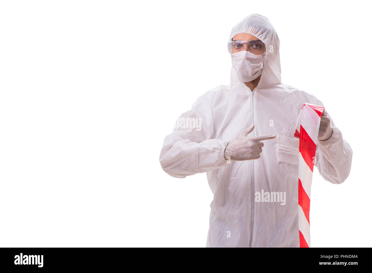 Forensische Spezialist in Schutzanzug isoliert auf weißem Stockfoto