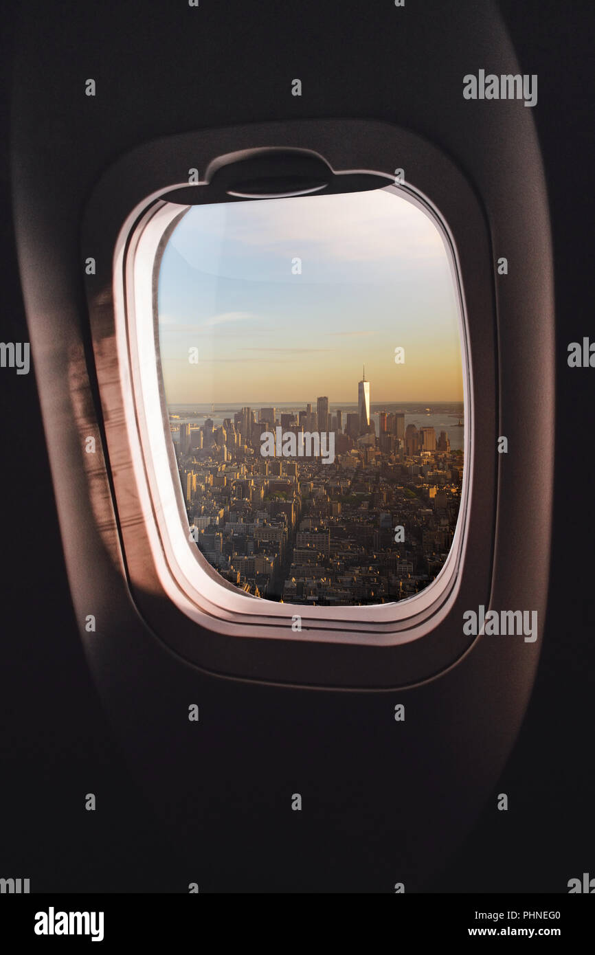 Flugzeugfenster New York City Stockfoto