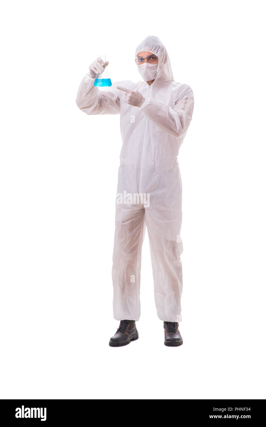 Chemiker mit giftigen Substanzen isoliert auf weißem zurück Stockfoto