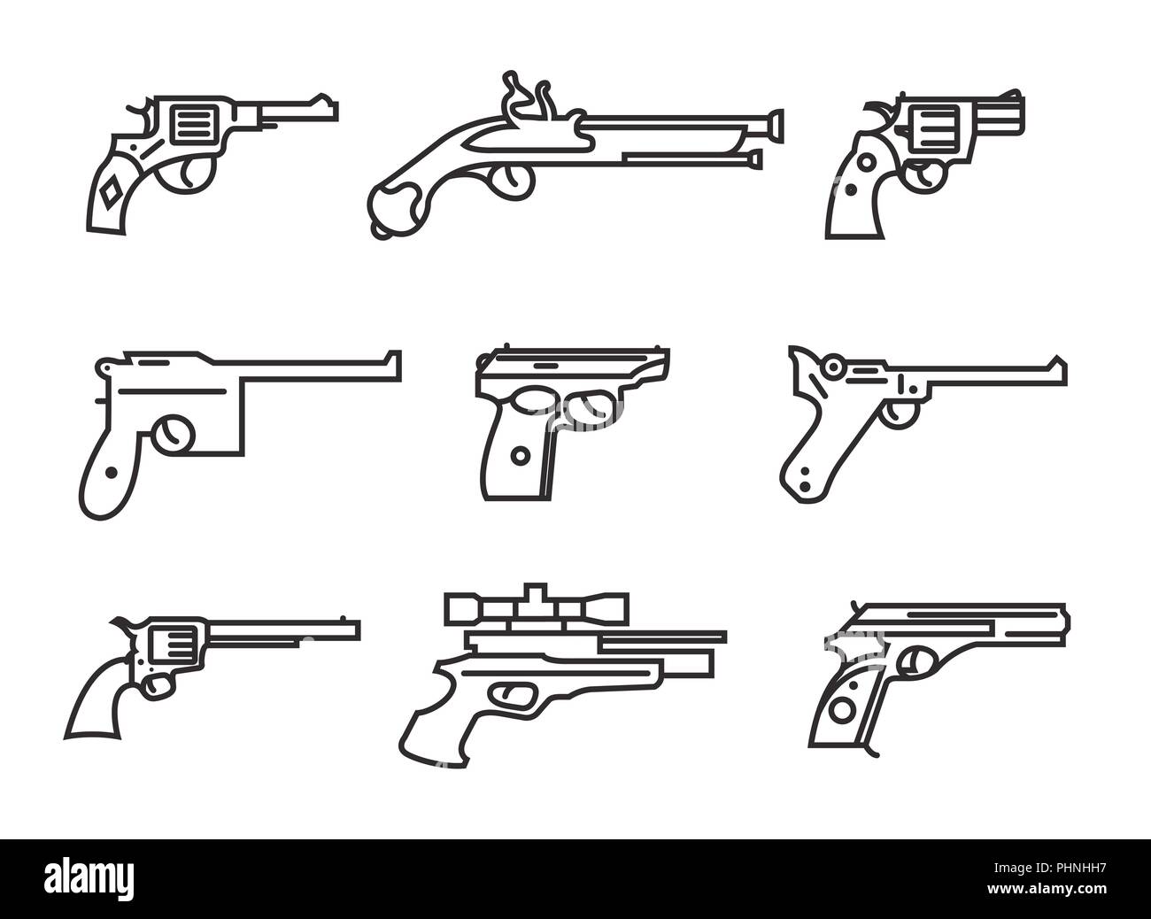 Feuerwaffe eingestellt. Gewehre, Pistolen, Revolver. Flache Bauform. Umrisse lineare Version. Vector Illustration Stock Vektor