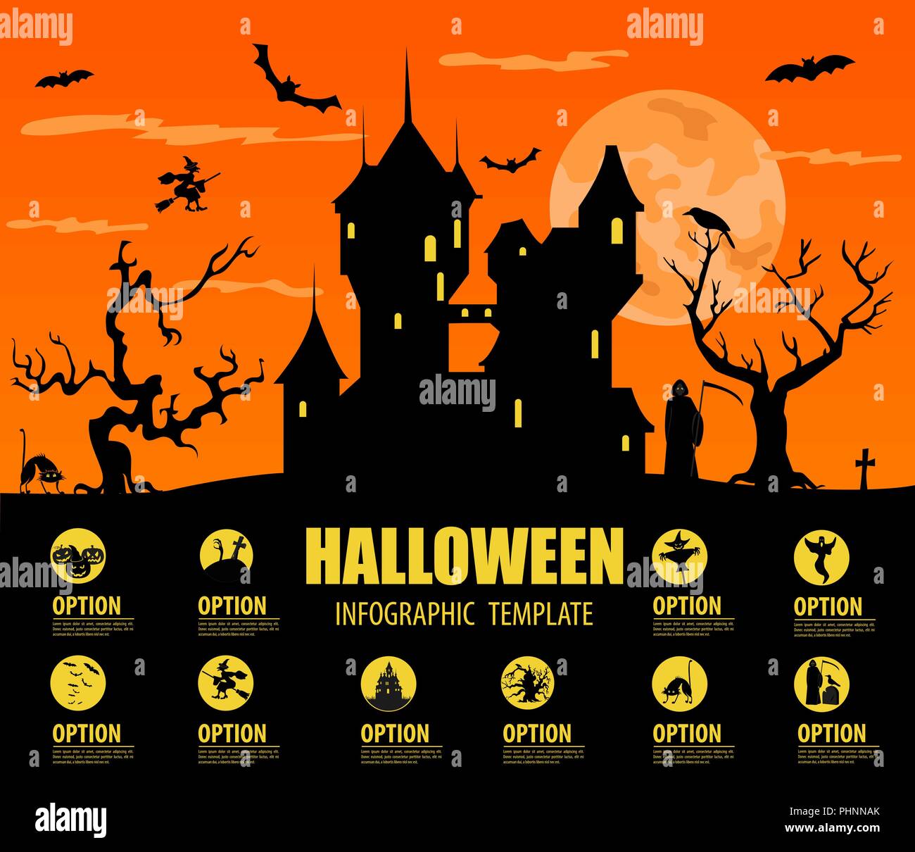 Halloween Infografik Vorlage. Flache Symbole. Vector Illustration Stock Vektor