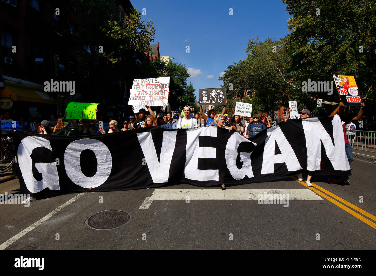 New York, NY, USA. 1. September 2018. Tierschützer halten eine große "Go Vegan" Banner auf der offiziellen Tierrechte März NYC. Stockfoto