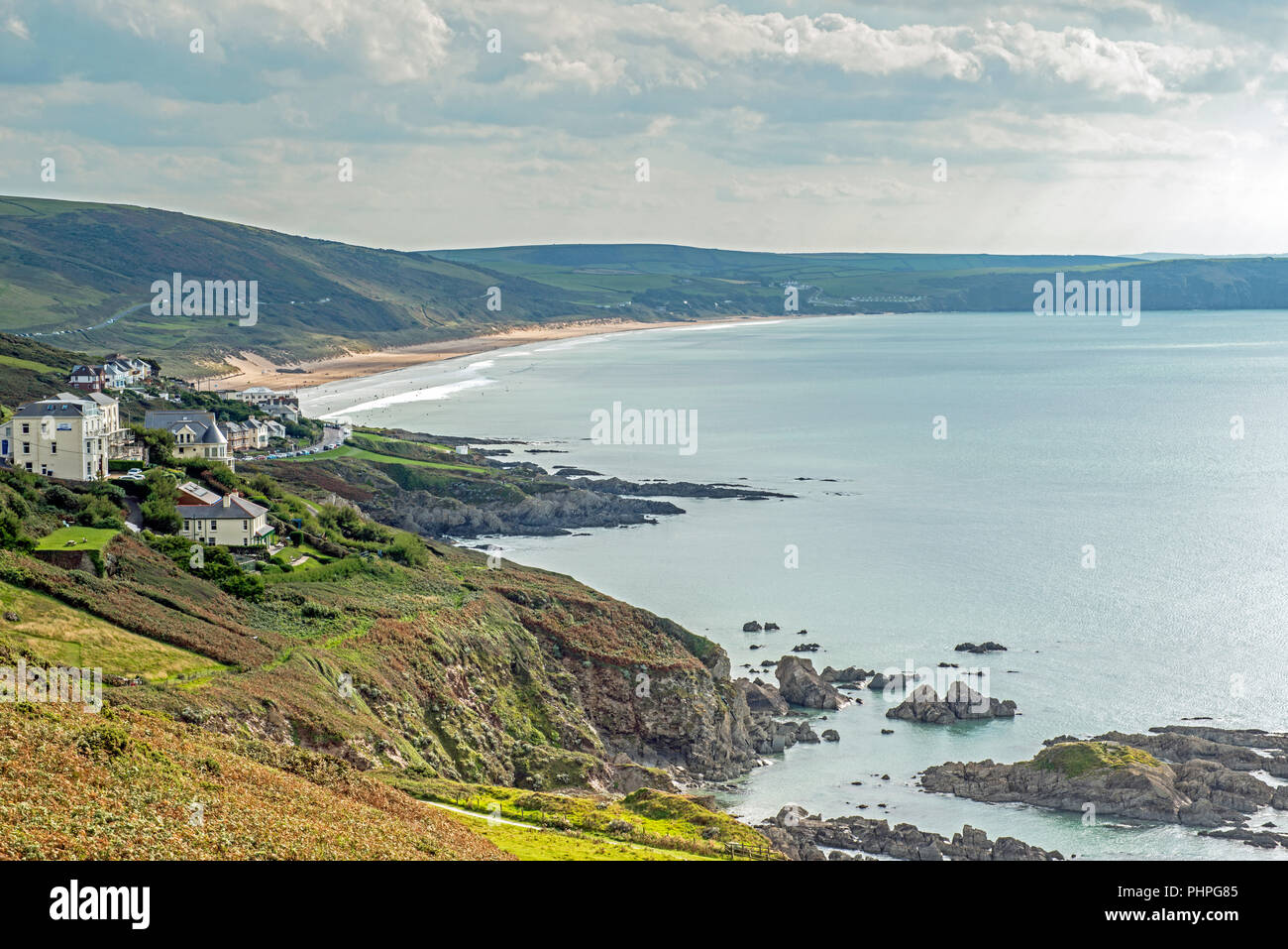 Und morthoe Woolacome Strand North Devon, fotografiert im September Stockfoto