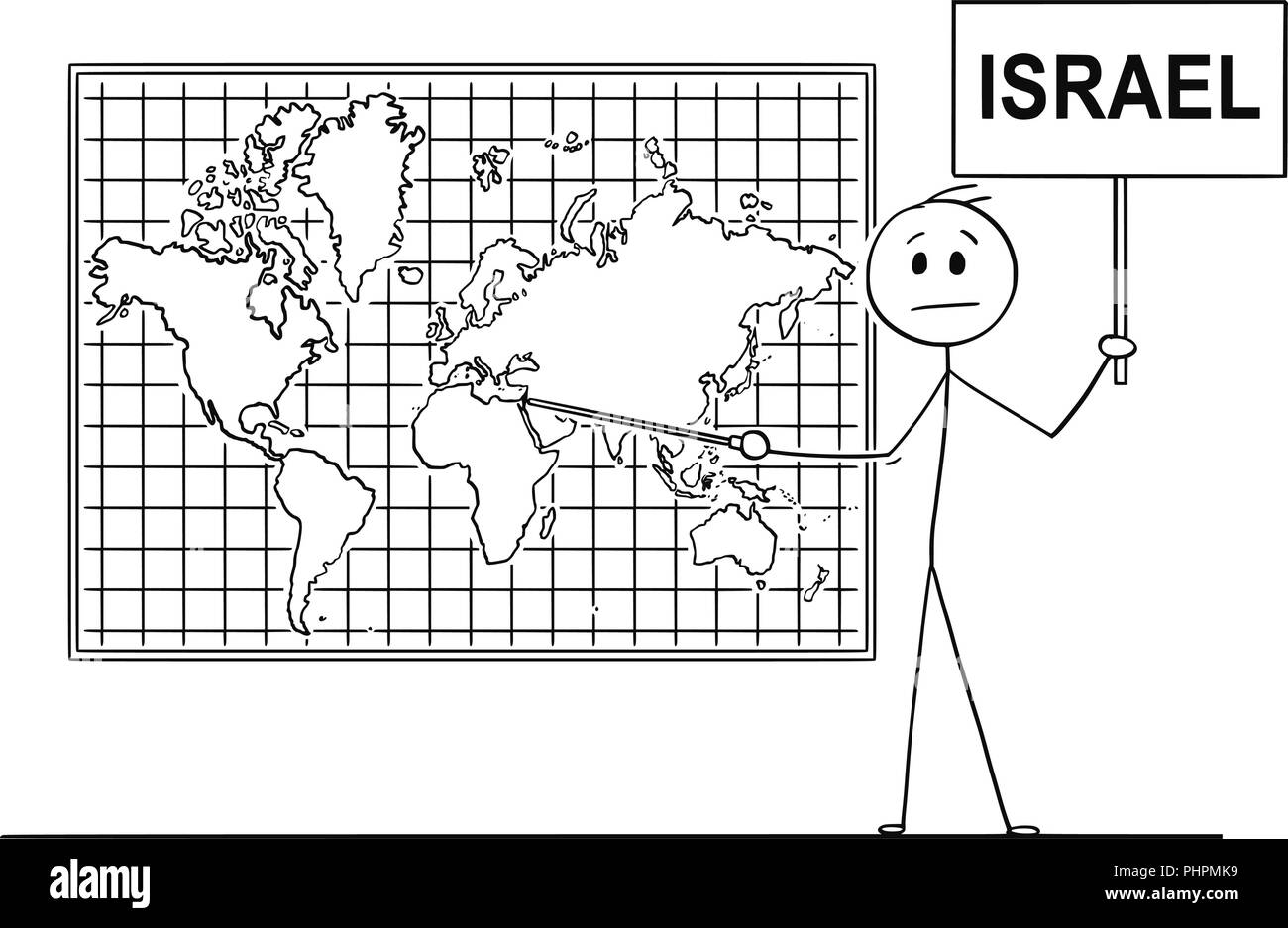 Cartoon des Menschen zeigen auf Staat Israel an der Wall Welt Karte Stock Vektor