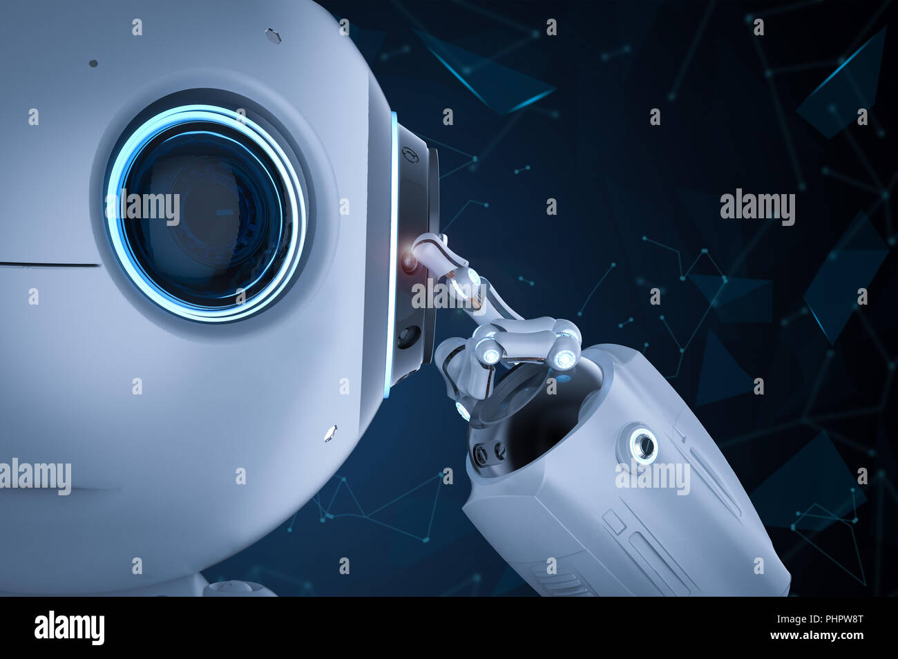 3D-Rendering cute künstliche Intelligenz Roboter denken oder Analyse Stockfoto