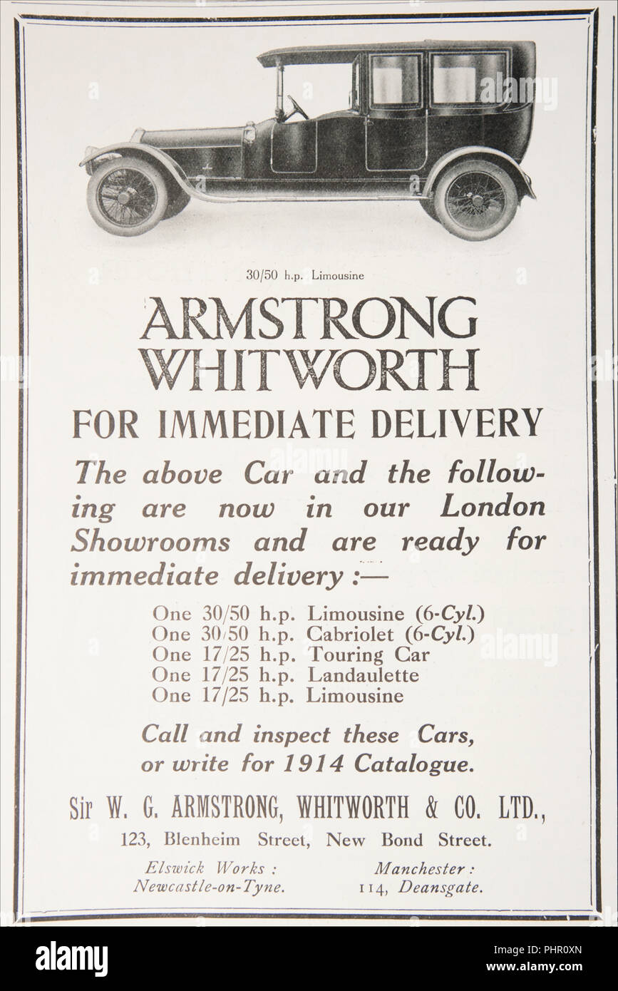Eine Anzeige für Armstrong Whitworth Autos aus einer alten Zeitschrift aus der Zeit von 1914-1918. England UK GB Stockfoto