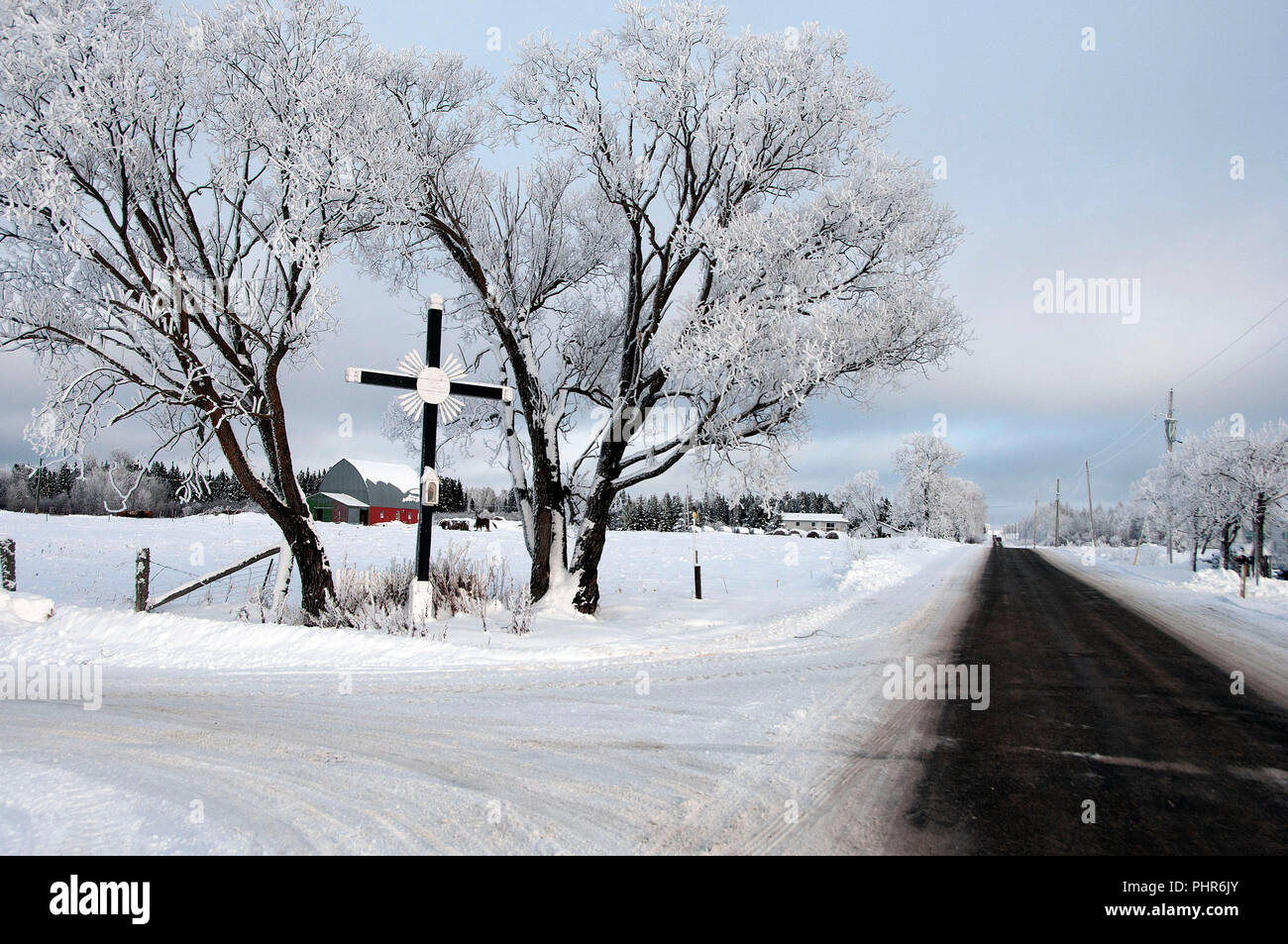 Winterlandschaft mit einem hölzernen Kreuz durch eine Straße und Bauernhof mit frostigen Bäumen, bleu Himmel, Wolken, Land Zaun. Stockfoto