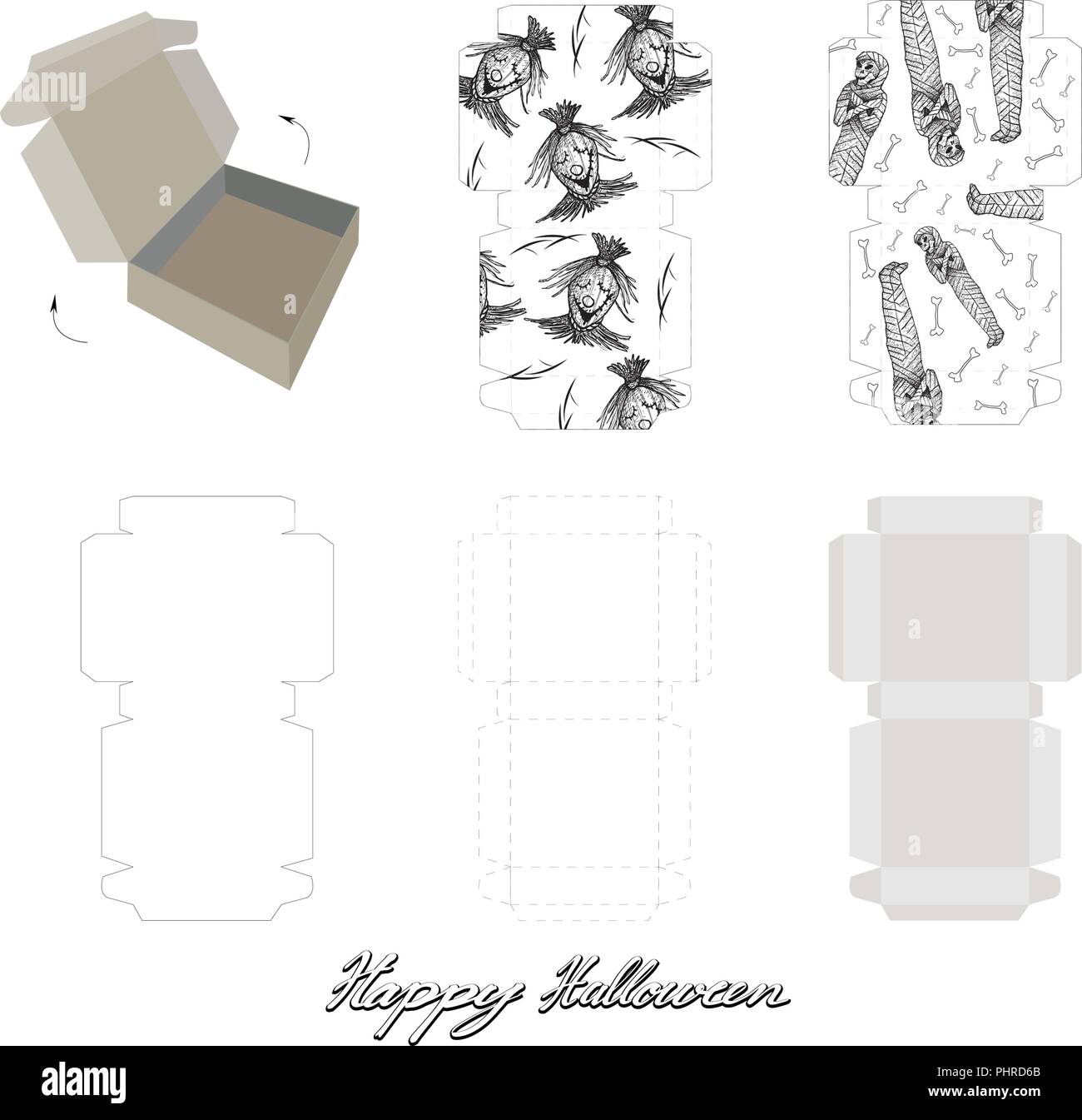 Die Cut Vorlage Muster der Takeaway Karton Mock Up für Package Design mit Bösen für Halloween Feier Party. Stock Vektor
