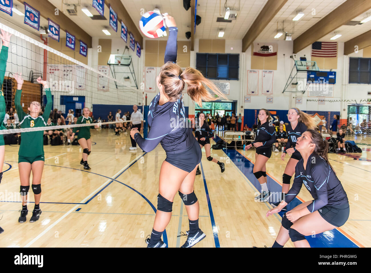 Jessie Gomez von Neuling/Sophomore volleyball Buena's High School Team Kontakt auf Ball von außerhalb in Westlake, Kalifornien am 25. August 2018. Stockfoto