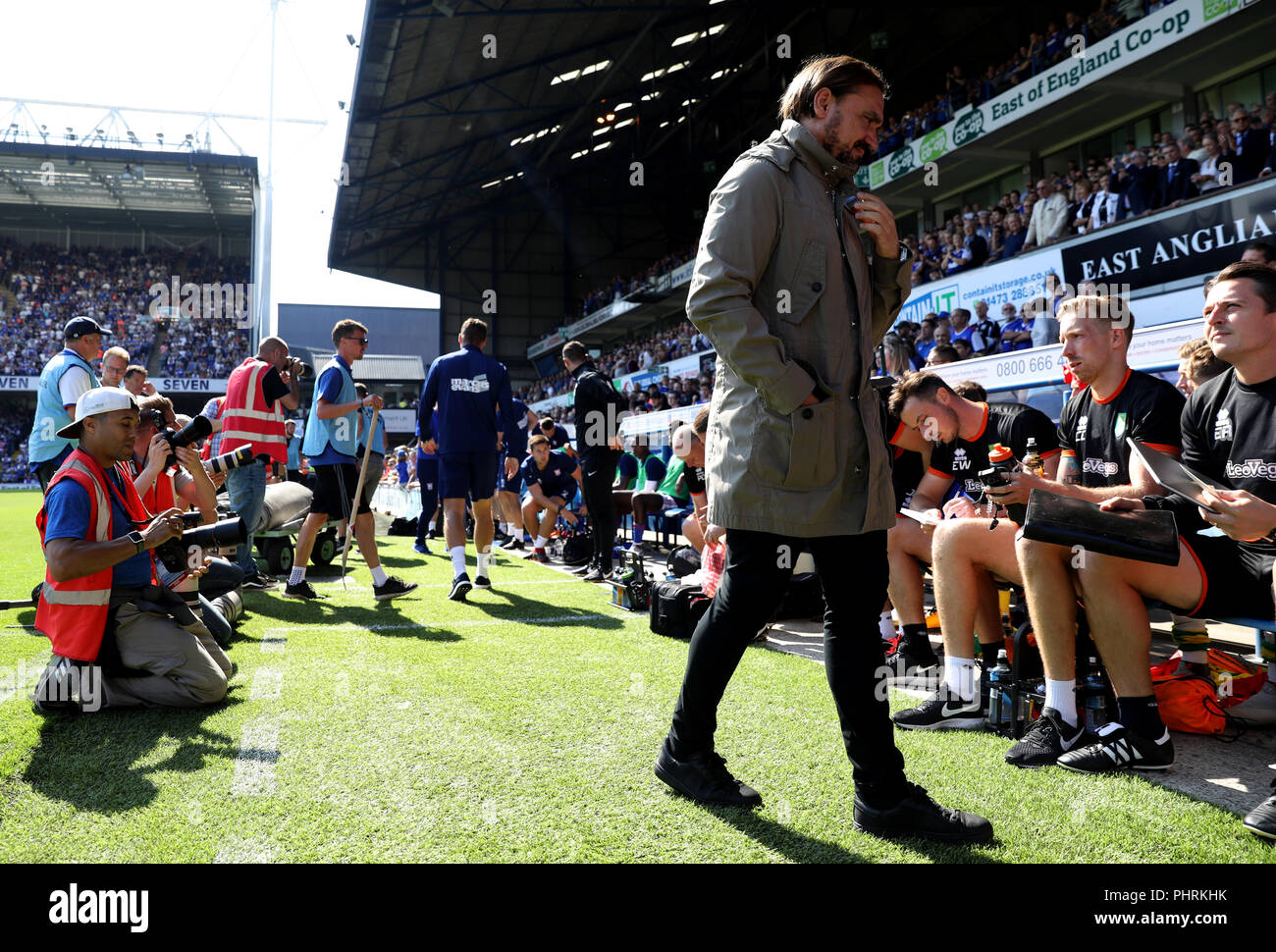 Norwich City Manager Daniel Farke während der Sky Bet Meisterschaft am Portman Road, Ipswich. PRESS ASSOCIATION Foto. Bild Datum: Sonntag, den 2. September 2018. Siehe PA-Geschichte Fußball Ipswich. Photo Credit: Steven Paston/PA-Kabel. Einschränkungen: EDITORIAL NUR VERWENDEN Keine Verwendung mit nicht autorisierten Audio-, Video-, Daten-, Spielpläne, Verein/liga Logos oder "live" Dienstleistungen. On-line-in-Match mit 120 Bildern beschränkt, kein Video-Emulation. Keine Verwendung in Wetten, Spiele oder einzelne Verein/Liga/player Publikationen. Stockfoto