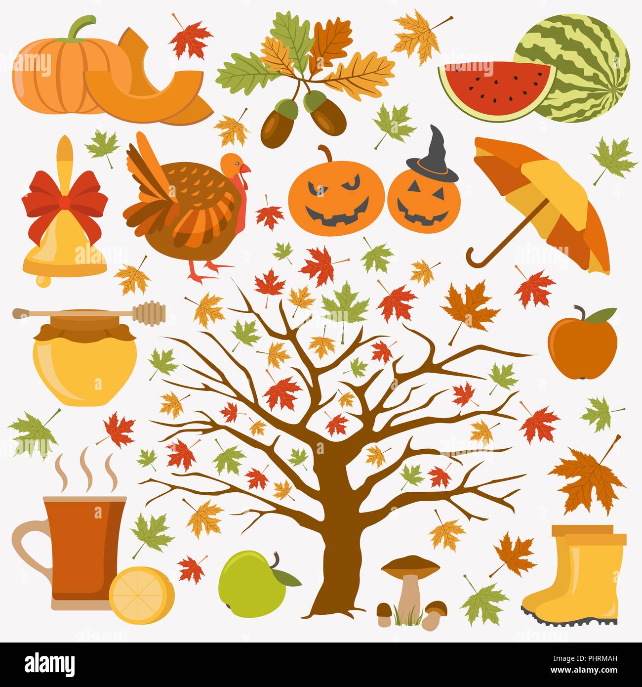 Herbst Symbol gesetzt. Halloween und Thanksgiving Day. Flache Bauform. Vector Illustration Stock Vektor