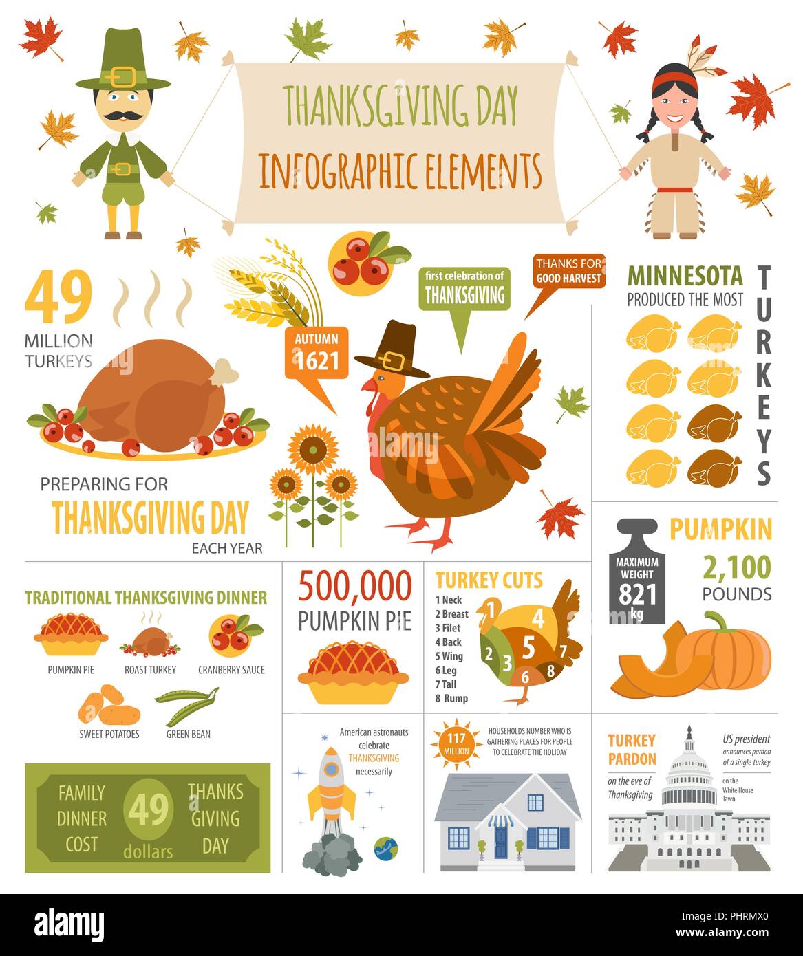 Thanksgiving Day, interessante Fakten Infografik. Grafische Vorlage. Vector Illustration Stock Vektor