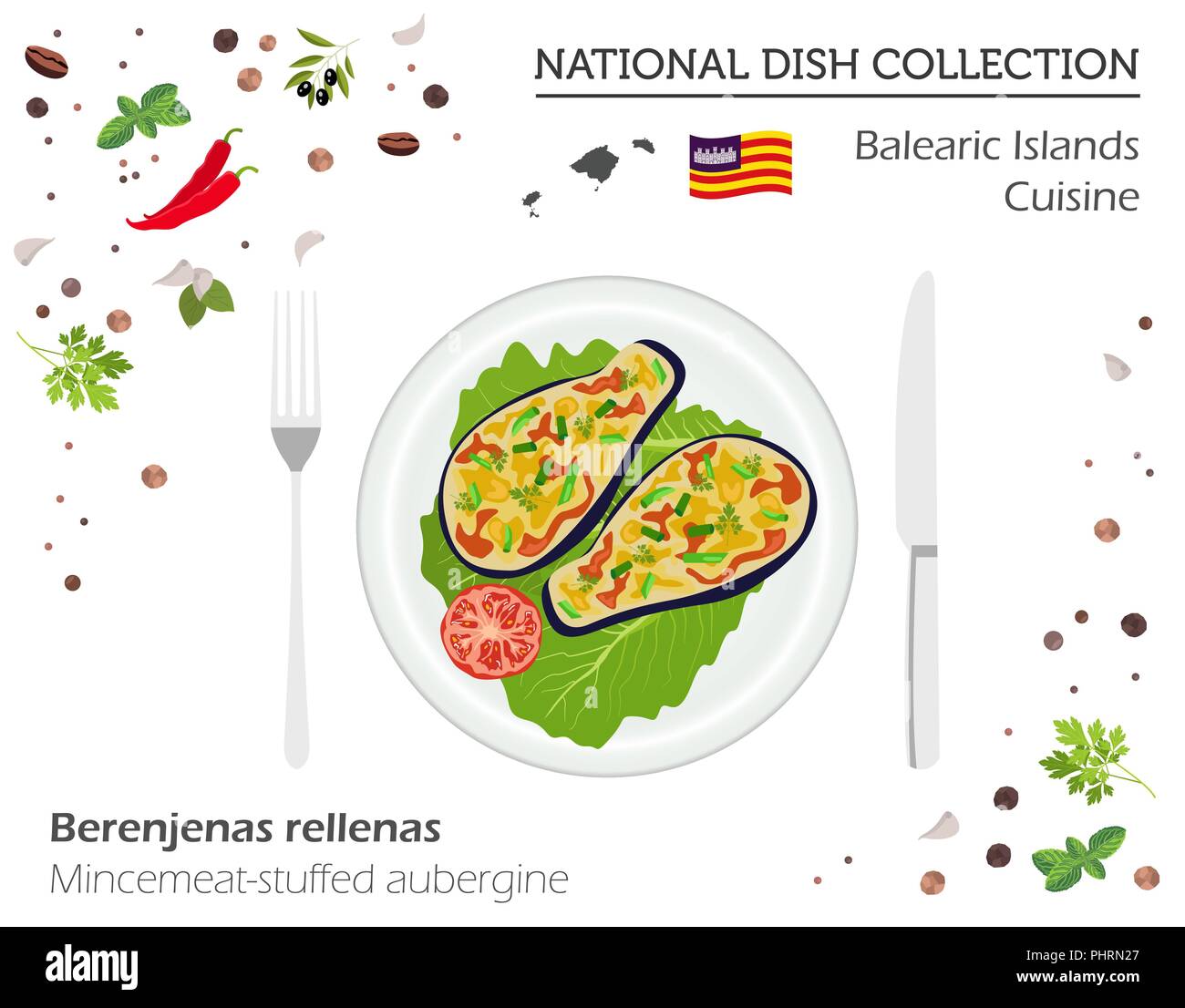 Balearen Küche. Europäische Nationalgericht Sammlung. Hackfleisch gefüllte Aubergine isoliert auf Weiss, Infografik. Vector Illustration Stock Vektor