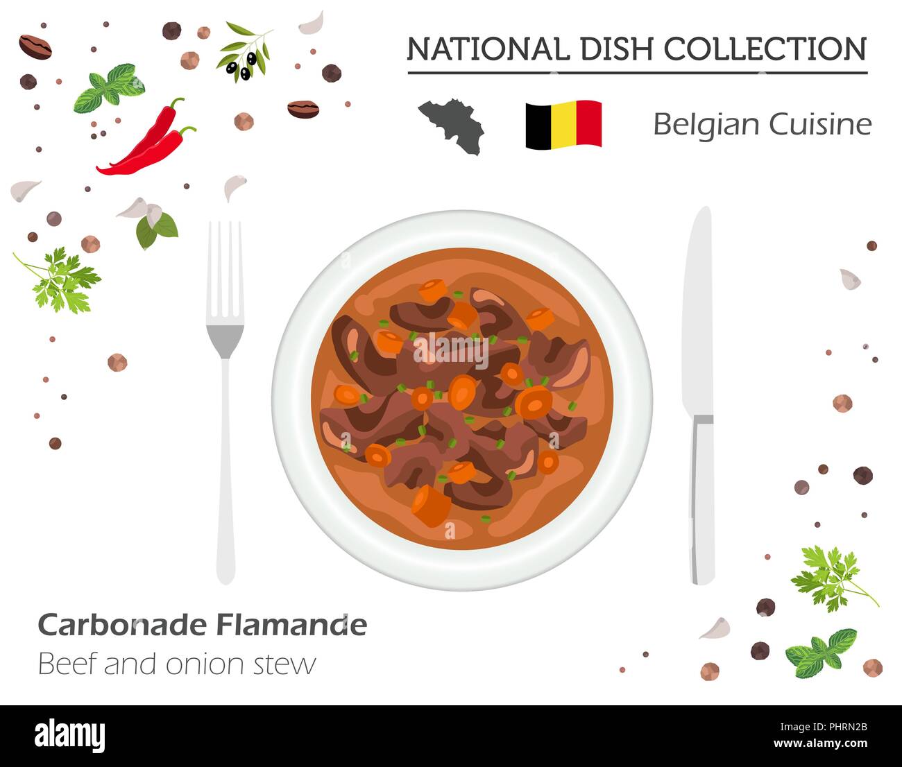 Belgische Küche. Europäische Nationalgericht Sammlung. Rindfleisch und Zwiebeln Eintopf isoliert auf weißem Infografik. Vector Illustration Stock Vektor