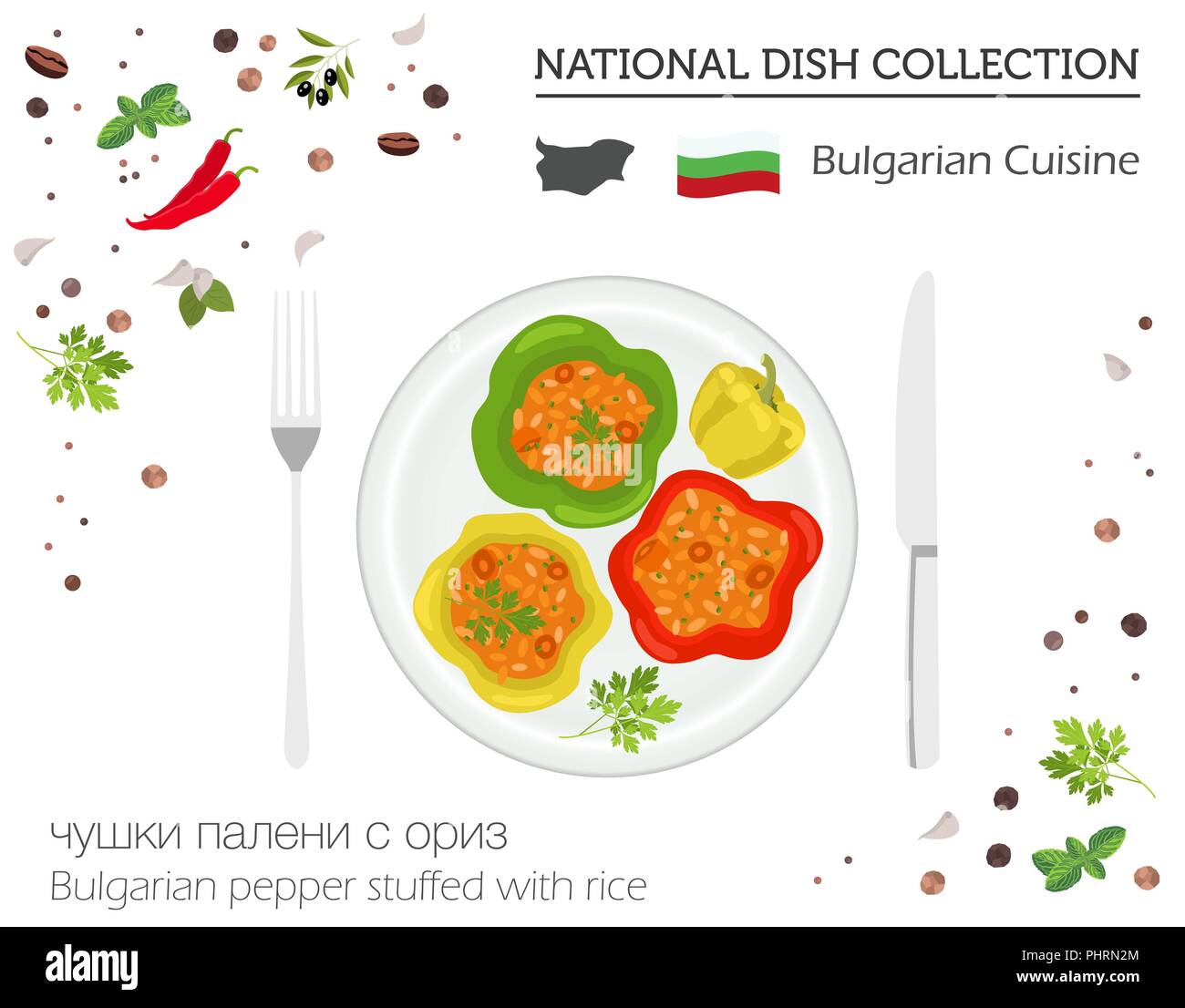 Bulgarien Küche. Europäische Nationalgericht Sammlung. Bulgarische Pfeffer gefüllt mit Reis isoliert auf weißem Infografik. Vector Illustration Stock Vektor