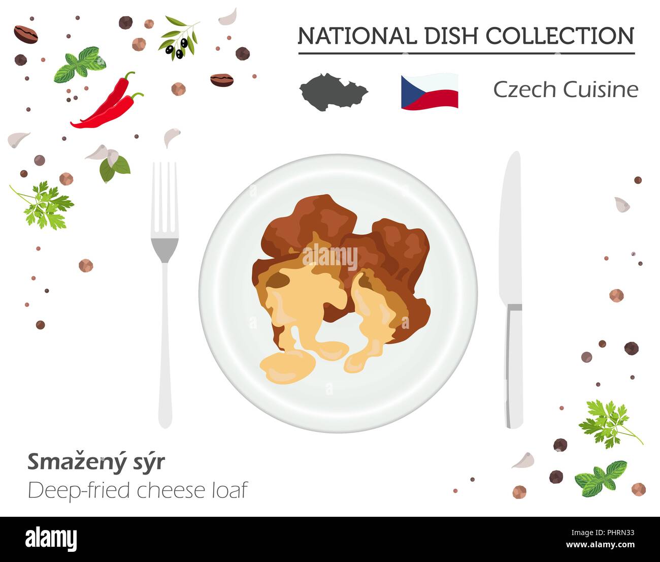 Tschechische Küche. Europäische Nationalgericht Sammlung. Frittierte Käse Brot isoliert auf Weiss, Infografik. Vector Illustration Stock Vektor