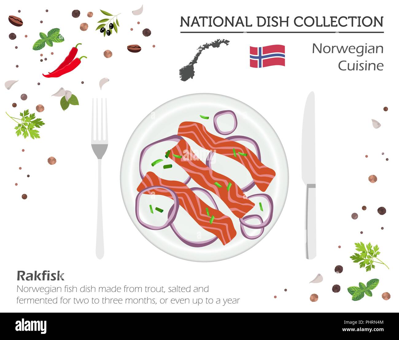 Norwegische Küche. Europäische Nationalgericht Sammlung. Rakfisk isoliert auf Weiss, Infografik. Vector Illustration Stock Vektor